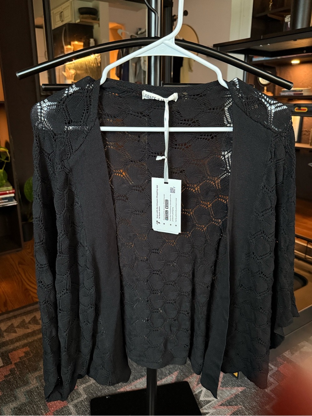 Black Crochet Open-Front Cardigan